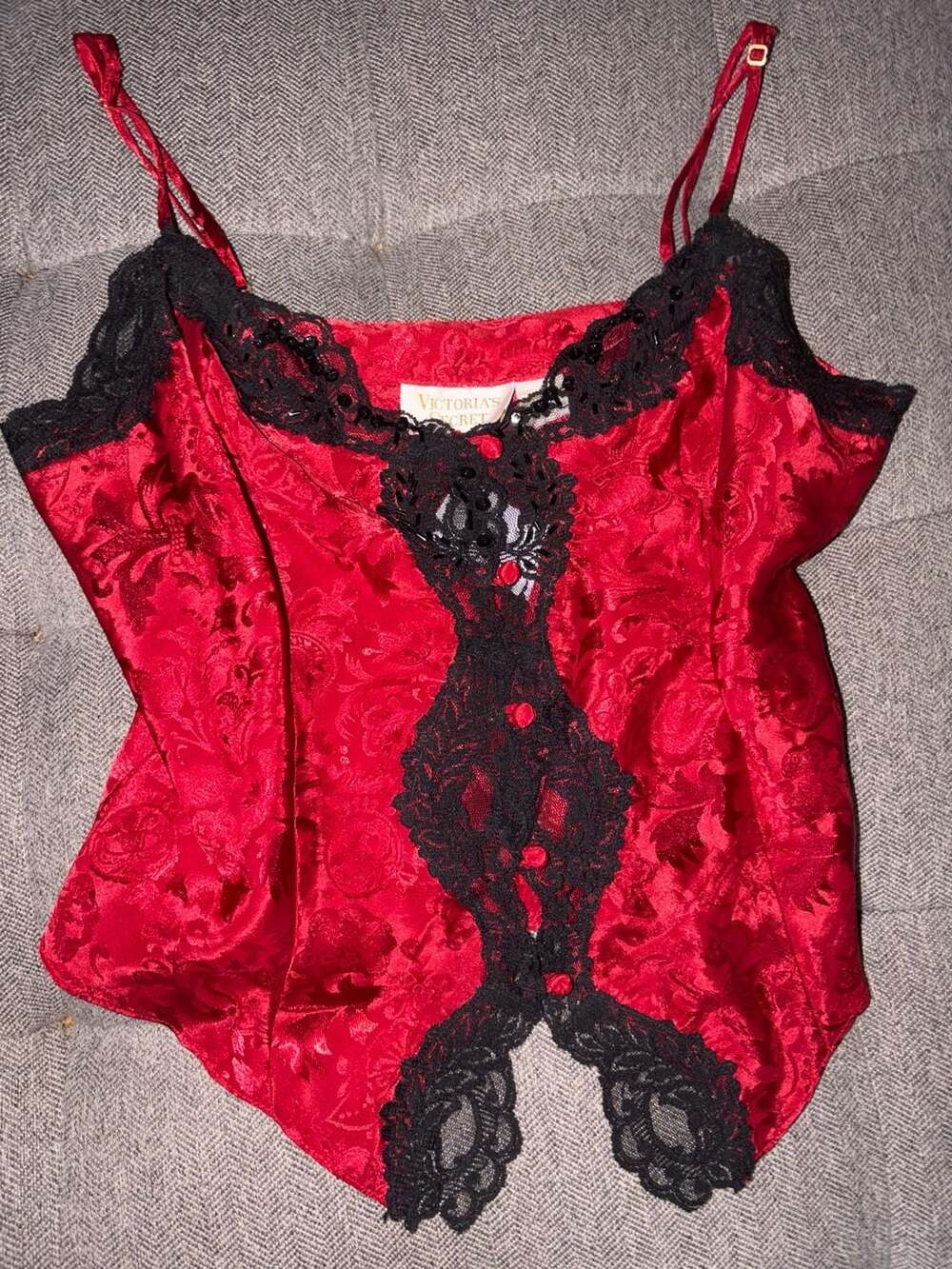 Vintage Victoria's Secret Red Jacquard Lace Beaded Camisole Size M